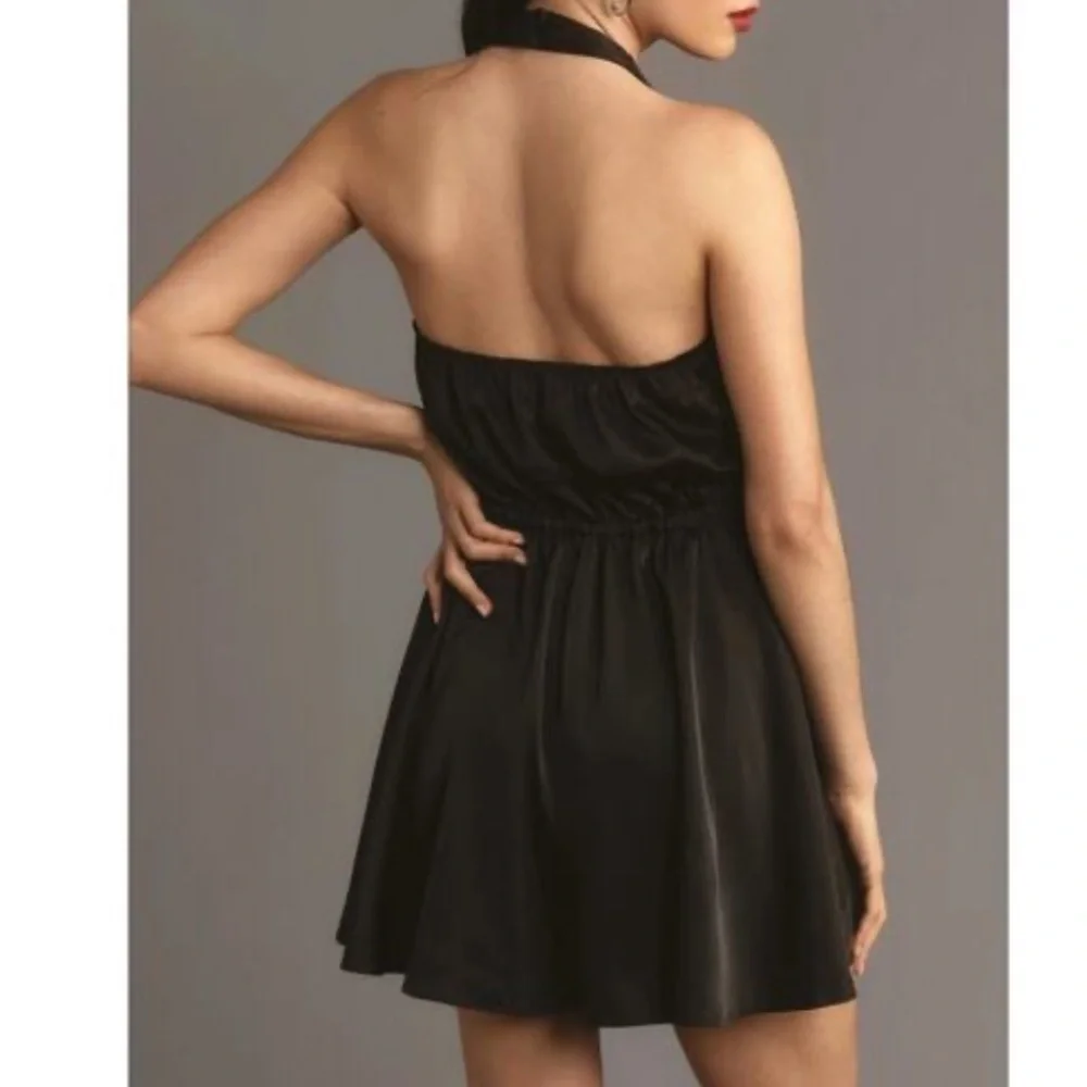Anthropologie Hutch Black Halter Satin Romper XL Waist Tie Open Back NWT